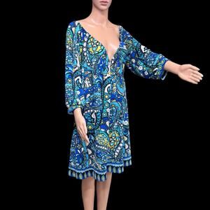 INC Womens Boho Dress Sz L Blue Paisley Deep V Neck 3/4 Sleeve Stretch Resort
